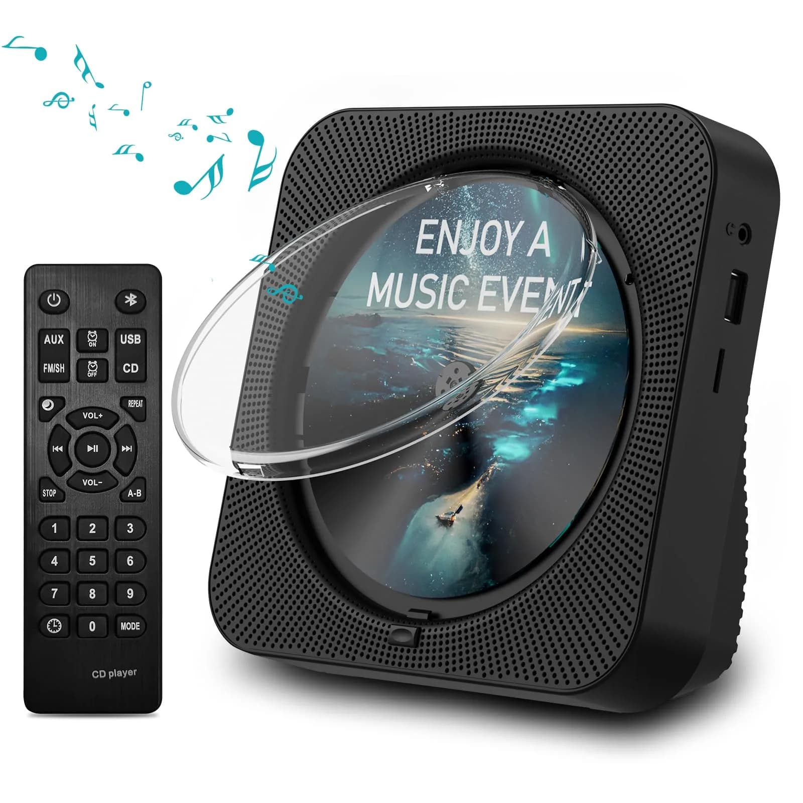 MICOCIOUS Bluetooth CD Player with Speakers & Remote | Black | 16.7cm x 16.7cm x 6.6cm (6.57" x 6.57" x 2.6") - main product image