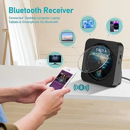 MICOCIOUS Bluetooth CD Player with Speakers & Remote | Black | 16.7cm x 16.7cm x 6.6cm (6.57" x 6.57" x 2.6") thumbnail 4