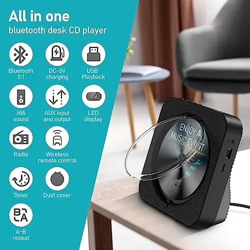 MICOCIOUS Bluetooth CD Player with Speakers & Remote | Black | 16.7cm x 16.7cm x 6.6cm (6.57" x 6.57" x 2.6") thumbnail 6