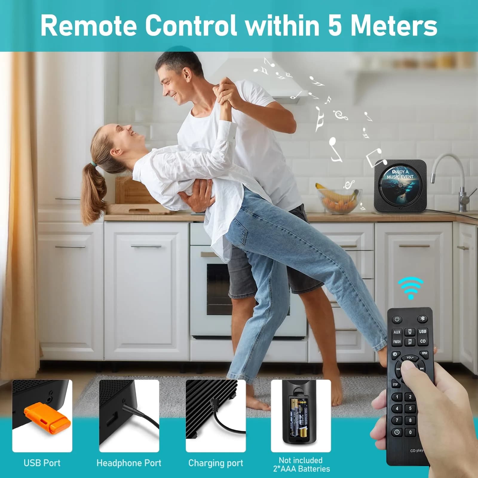 MICOCIOUS Bluetooth CD Player with Speakers & Remote | Black | 16.7cm x 16.7cm x 6.6cm (6.57" x 6.57" x 2.6") - view 3