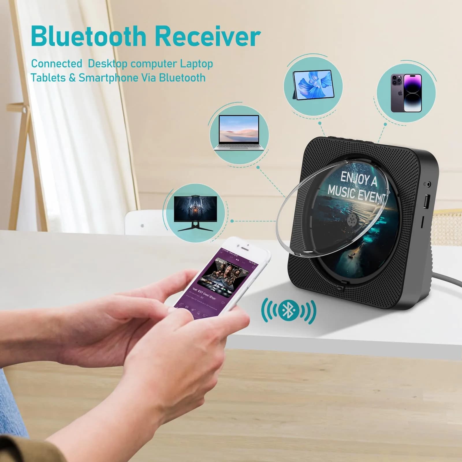 MICOCIOUS Bluetooth CD Player with Speakers & Remote | Black | 16.7cm x 16.7cm x 6.6cm (6.57" x 6.57" x 2.6") - view 4