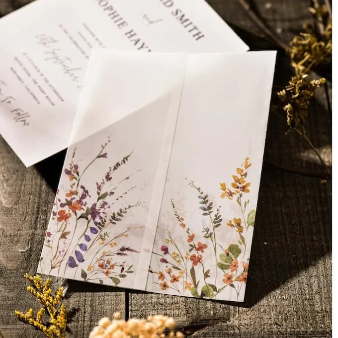 Puremigo 50 Pack Wildflower Printed Pre-Folded Vellum Jackets for 5x7 Invitations - 115GSM Vellum Paper 5x7 Jackets - Wedding Invitations Wraps - Transparent thumbnail 10