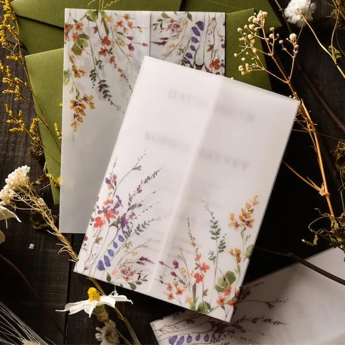 Puremigo 50 Pack Wildflower Printed Pre-Folded Vellum Jackets for 5x7 Invitations - 115GSM Vellum Paper 5x7 Jackets - Wedding Invitations Wraps - Transparent thumbnail 4