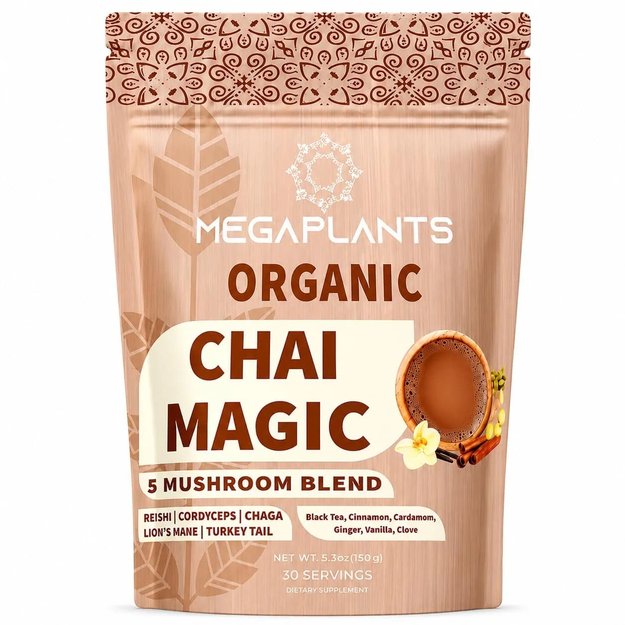 Megaplants Mushroom Chai Tea | Organic Masala Chai Latte Coffee Alternative for Focus & Wellness