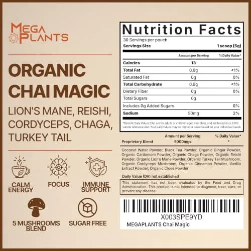 Megaplants Mushroom Chai Tea | Organic Masala Chai Latte Coffee Alternative for Focus & Wellness thumbnail 2