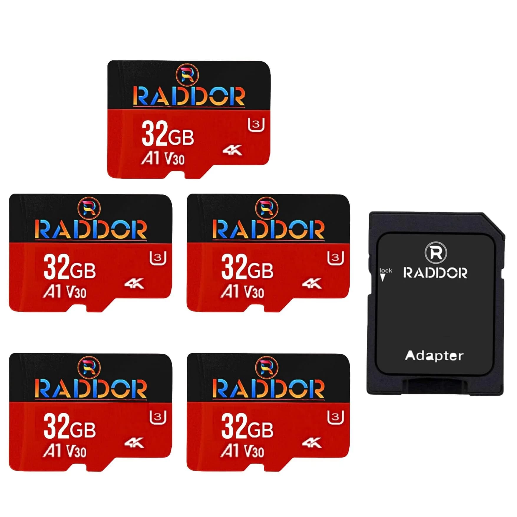 R Raddor Memory Card 32GB 5Pack | 4K Ultra HD, U3, V30, Class10, Lightning Fast 95MB/s