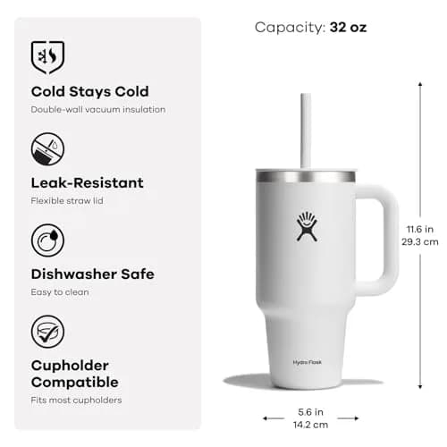 Hydro Flask Travel Tumbler with Handle, Lid and Straw - Insulated Stainless Steel 946ml (32 Oz) Dew | Keeps Drinks Cold for Hours thumbnail 3
