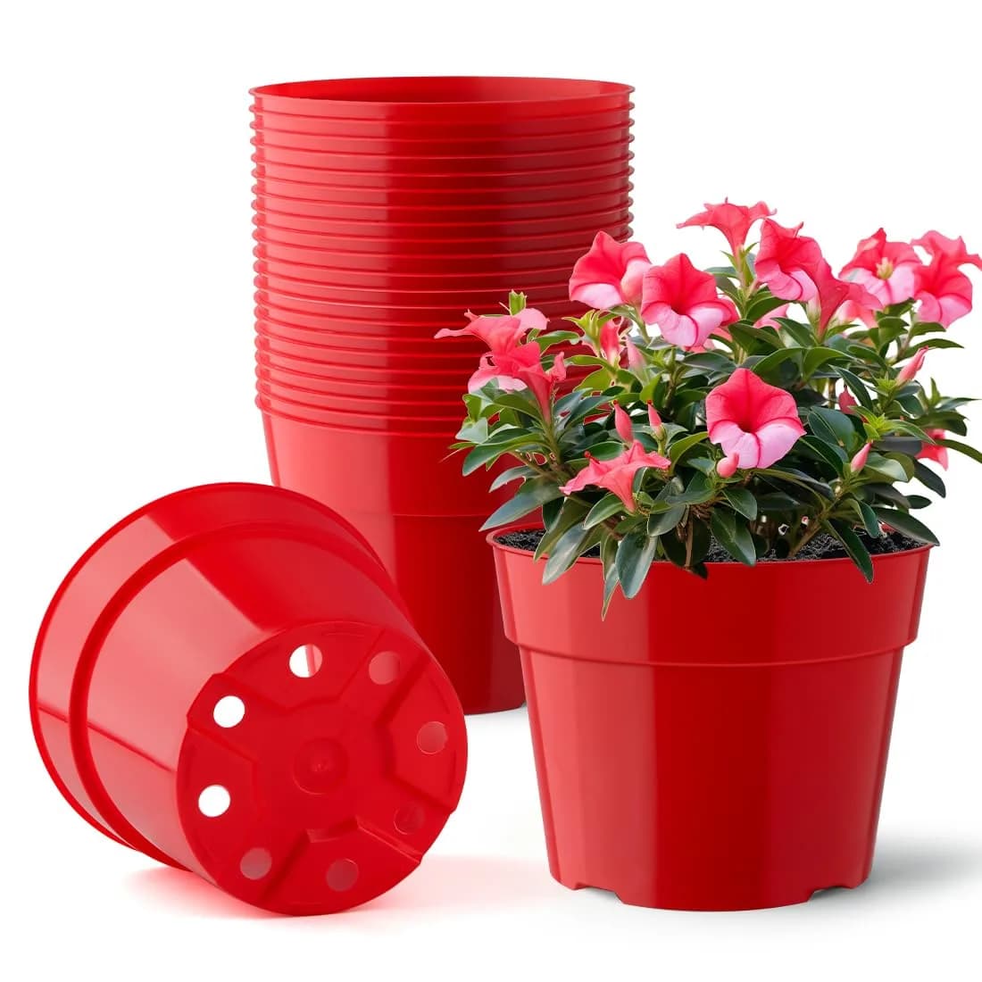 RooTrimmer 6 Inch Red Plastic Plant Pots with Saucers & Mesh Pads (20-Pack) | Durable Nursery Pots for Indoor/Outdoor Use