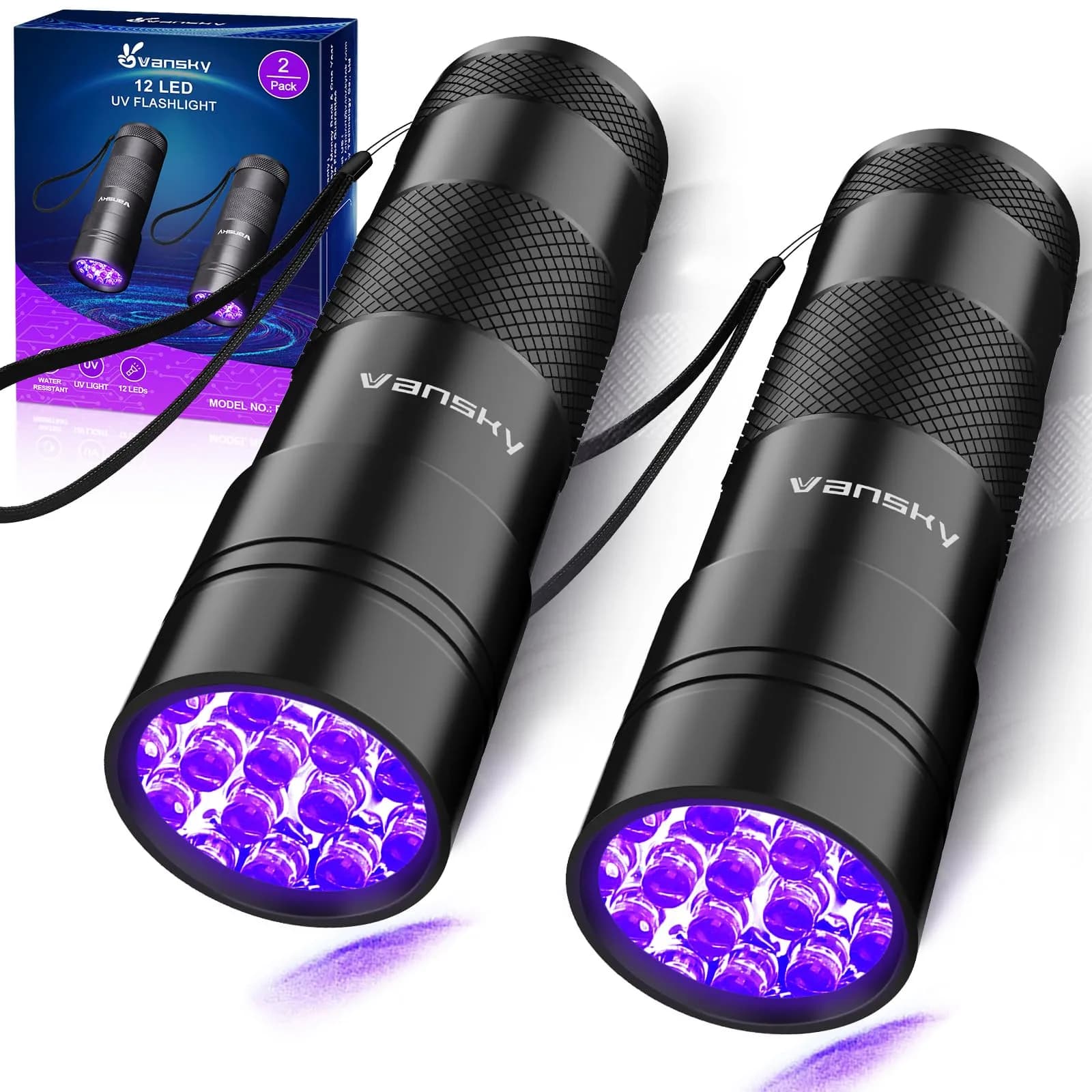 Vansky Black 2 Pack Tool | UV Pet Urine & Stain Detector, 395nm, 12 LED, Waterproof Aluminum Alloy, 5+ Hours Runtime