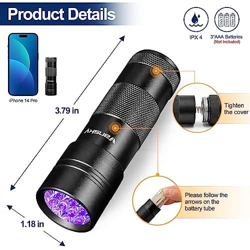 Vansky Black 2 Pack Tool | UV Pet Urine & Stain Detector, 395nm, 12 LED, Waterproof Aluminum Alloy, 5+ Hours Runtime thumbnail 6