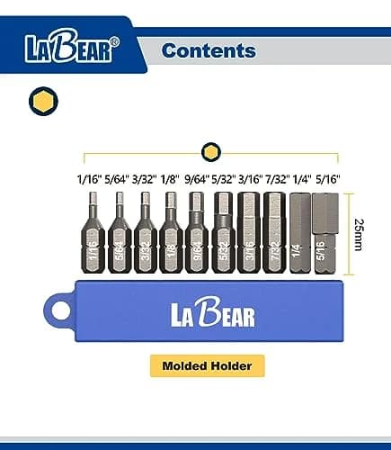 LABEAR 10-Piece SAE Short Allen Wrench Drill Bit Set, 1-Inch S2 Steel | Magnetic Tip Hex Bits for Drills & Drivers thumbnail 2