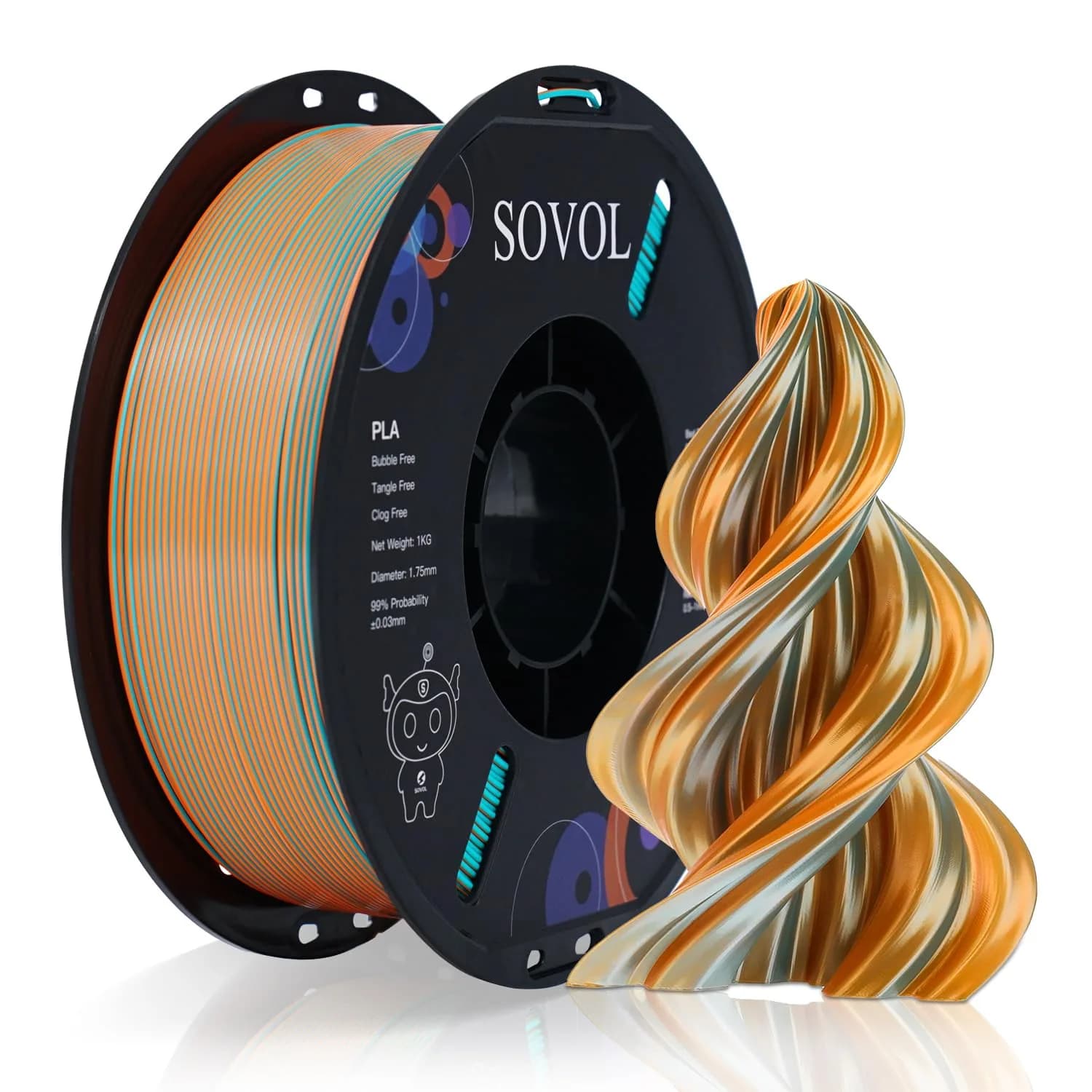 Sovol 3D Printer PLA Filament 2kg Spool Printing Materials, Black & White | 1.75mm, Vacuum Sealed, Environment Friendly — Orange Blue