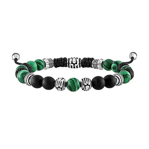 Bulova Men's Classic Beaded Malachite,Black Onyx, Lava Bead Bracelet | Adjustable 8MM Beads, Stainless Steel Accents thumbnail 1
