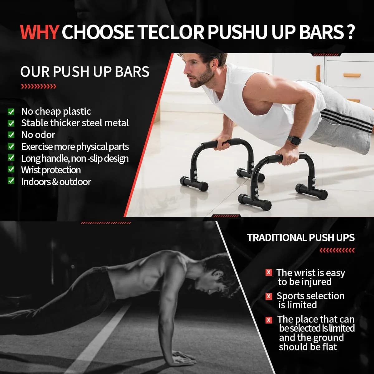 Teclor Black Calisthenics Stand with 660LBS Capacity | Heavy Duty Steel Push Up Bars for Full Body Workouts - view 7
