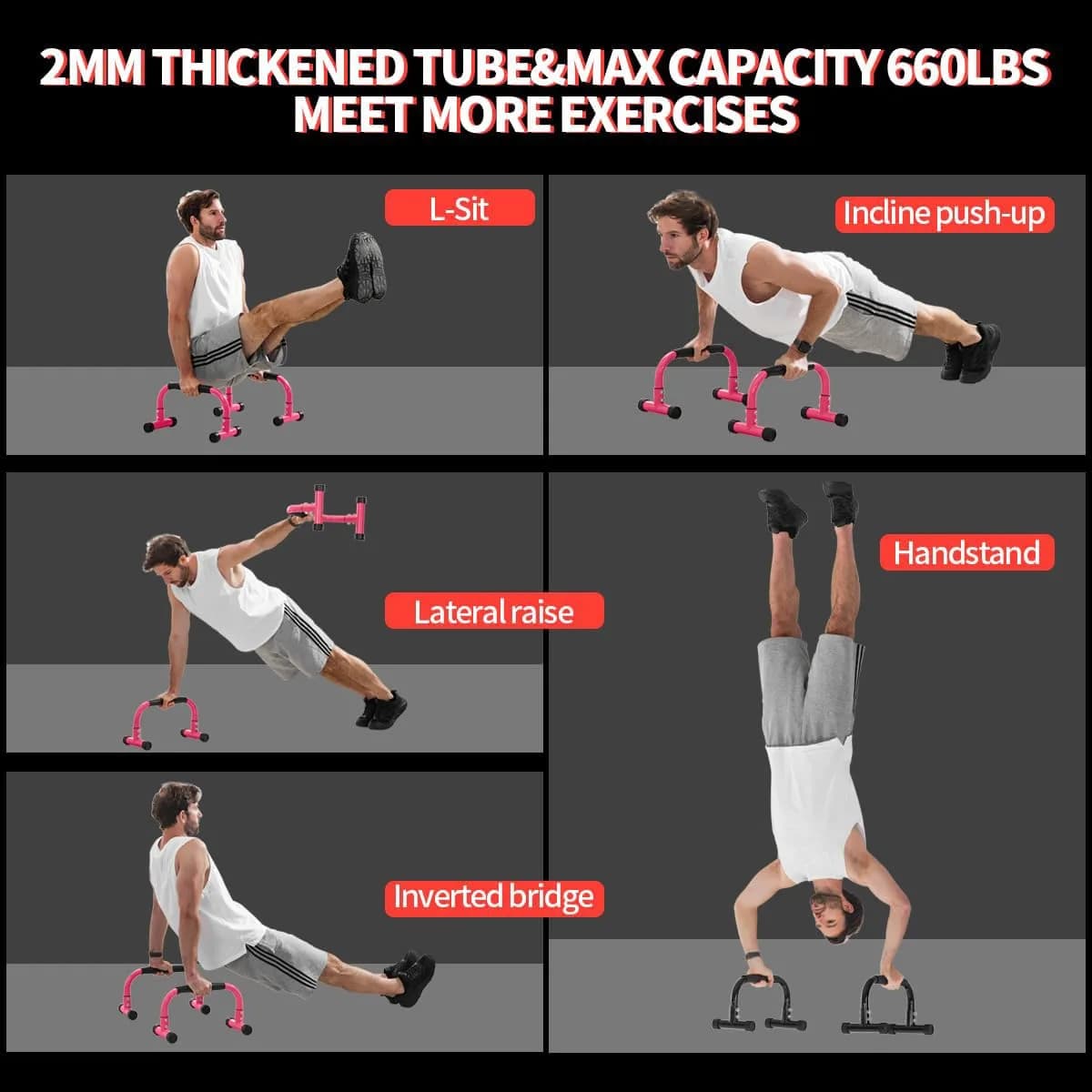 Teclor Pink Calisthenics Push Up Bars | 9.5in High Parallettes for L-sit, Dips, Planche & Handstand Push-ups | 660LBS Capacity - view 6