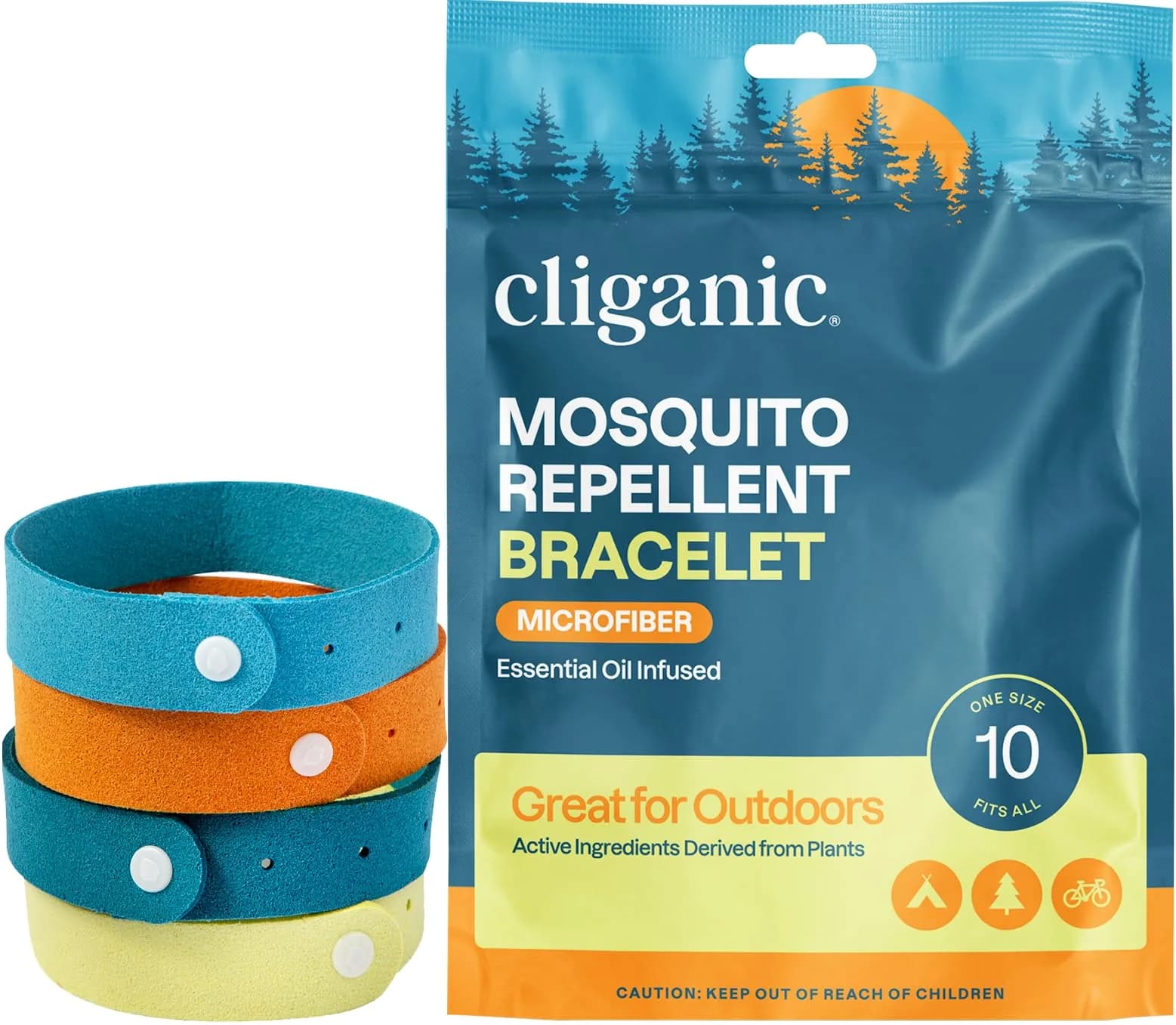 Cliganic Natural Mosquito Repellent Bracelets for Kids & Adults, 10 Pack | DEET-Free Essential Oil Bands for Outdoors — Microfiber