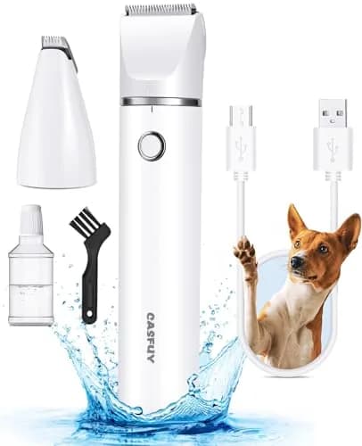 Casfuy Cordless Dog Paw Trimmer - Low Noise Small Dog Clippers with Double Blades USB Rechargeable for Dogs Cats and Small Pets — White