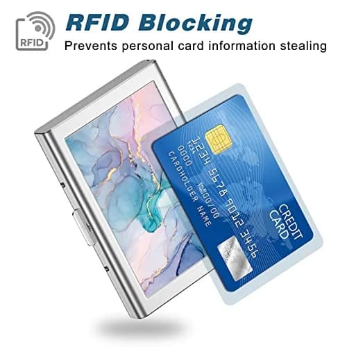 Rimilak Metal Credit Card Holder Mini Wallet Purple Gold Marble | RFID Blocking Slim Card Case for Women thumbnail 2