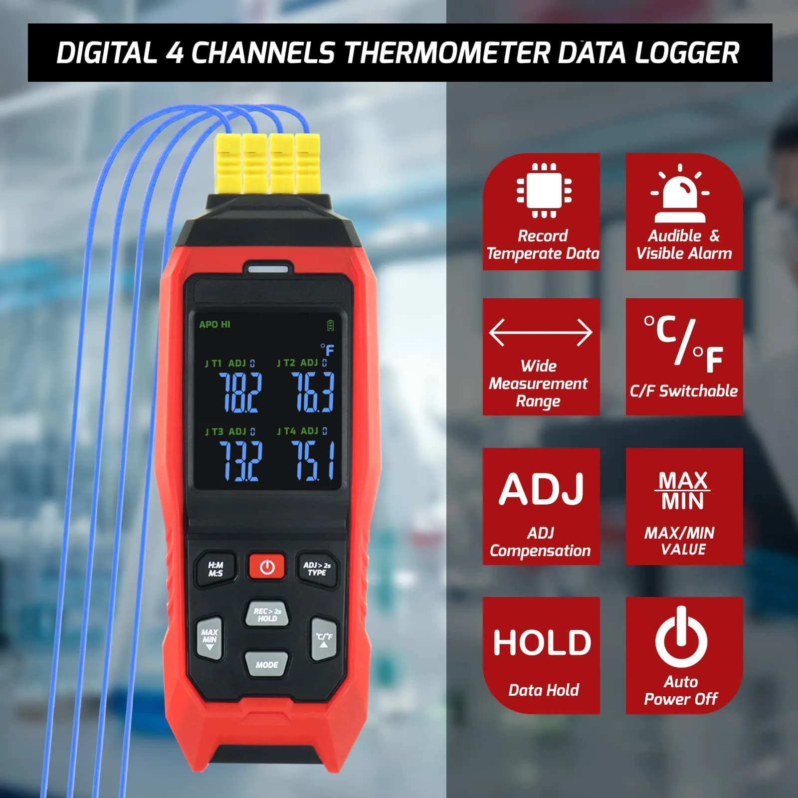 DANOPLUS 4-Channel Thermocouple Thermometer Data Logger -200~1372°C (2501°F) | Programmable Recording & Alarms - view 2