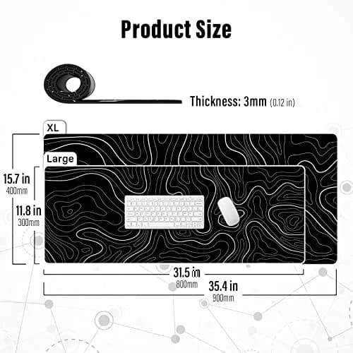Ovenbird Extra Large Mouse Pad, Extended Topographic Map Gaming Mousepad with Non-Slip Base & Stitched Edges, 35.4" (900mm) x 15.7" (400mm), Black thumbnail 3