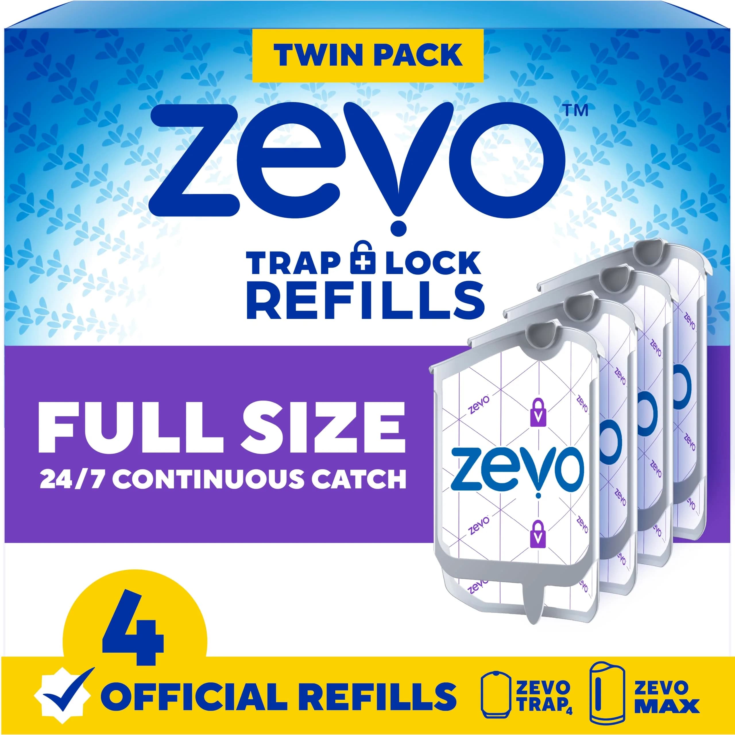 ZEVO Flying Insect Trap Refill Cartridges 4 Count | Odorless & Mess-Free Trap+Lock Technology for Fruit Flies & Gnats