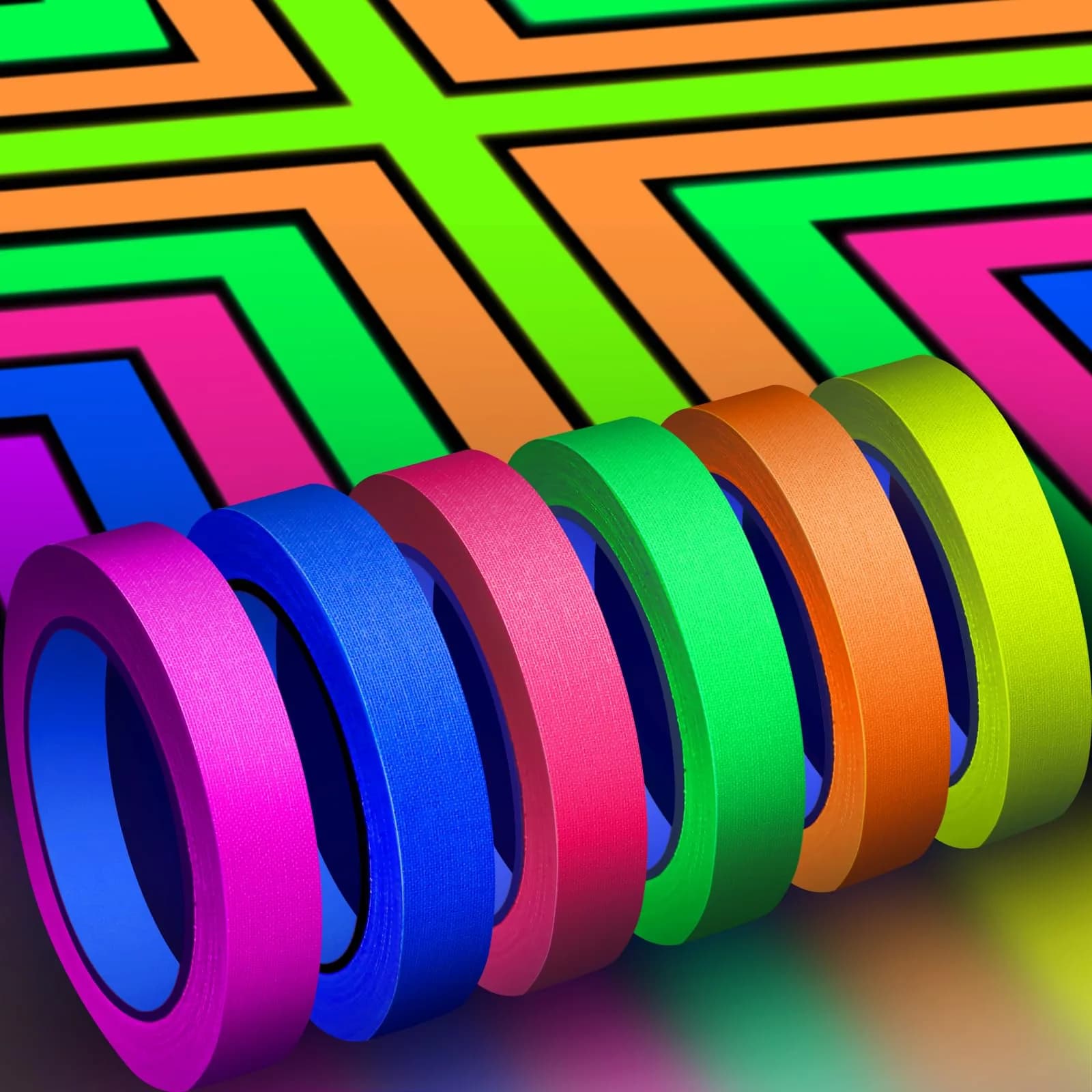 Whaline Neon Gaffer Cloth Tape 6 Colors, 15mm x 18m (0.6 inch x 60 ft) | Glows Under UV Blacklight for Parties — 0.6 inch x 60 feet