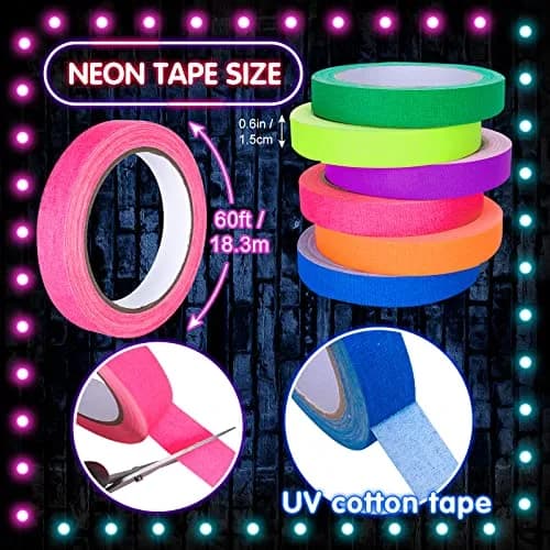 Whaline Neon Gaffer Cloth Tape 6 Colors, 15mm x 18m (0.6 inch x 60 ft) | Glows Under UV Blacklight for Parties thumbnail 2