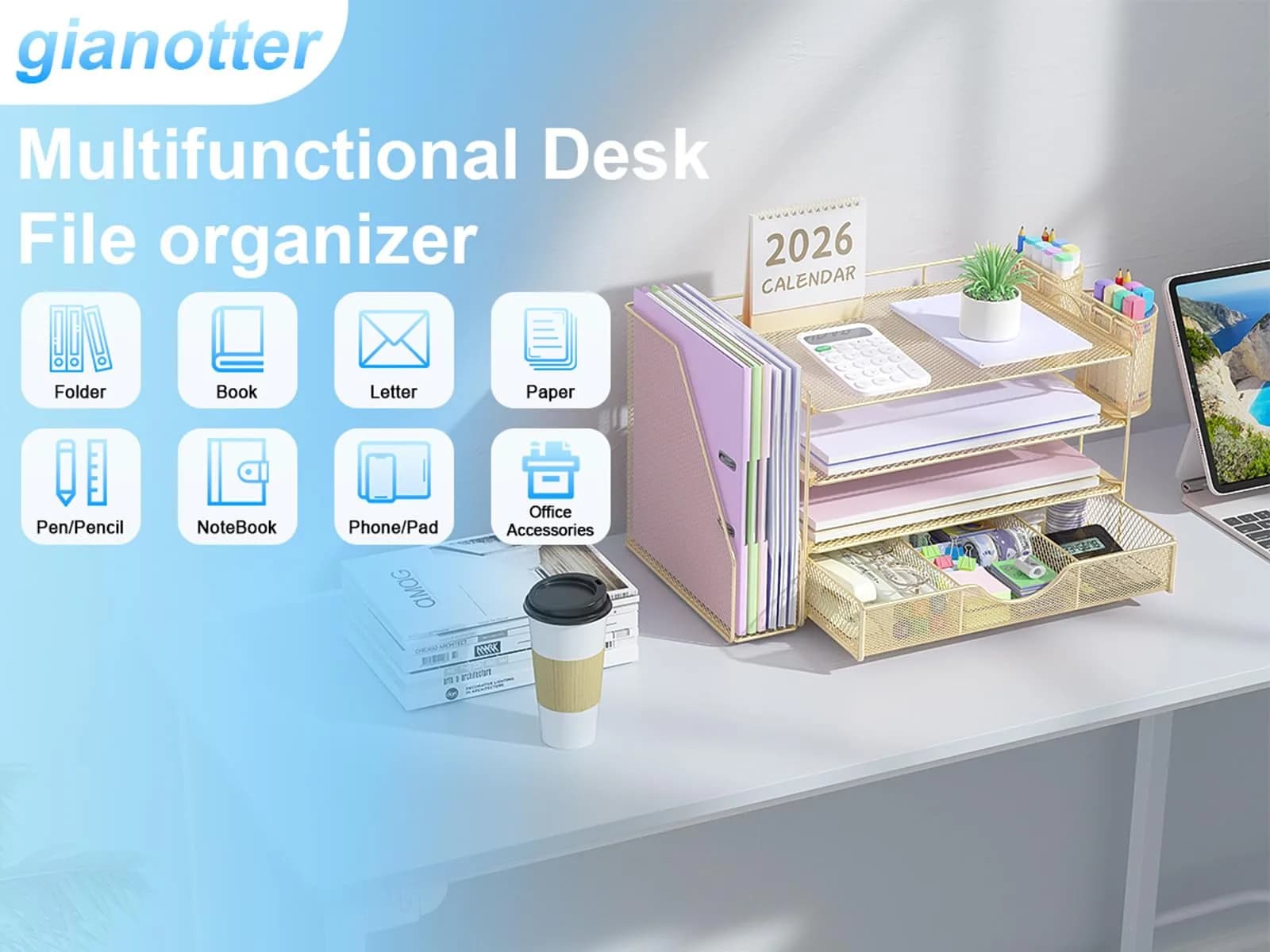 gianotter 4-Tier Desk Organizer with Drawers & File Holders - Gold | Workspace Accessories for Office Supplies - view 4