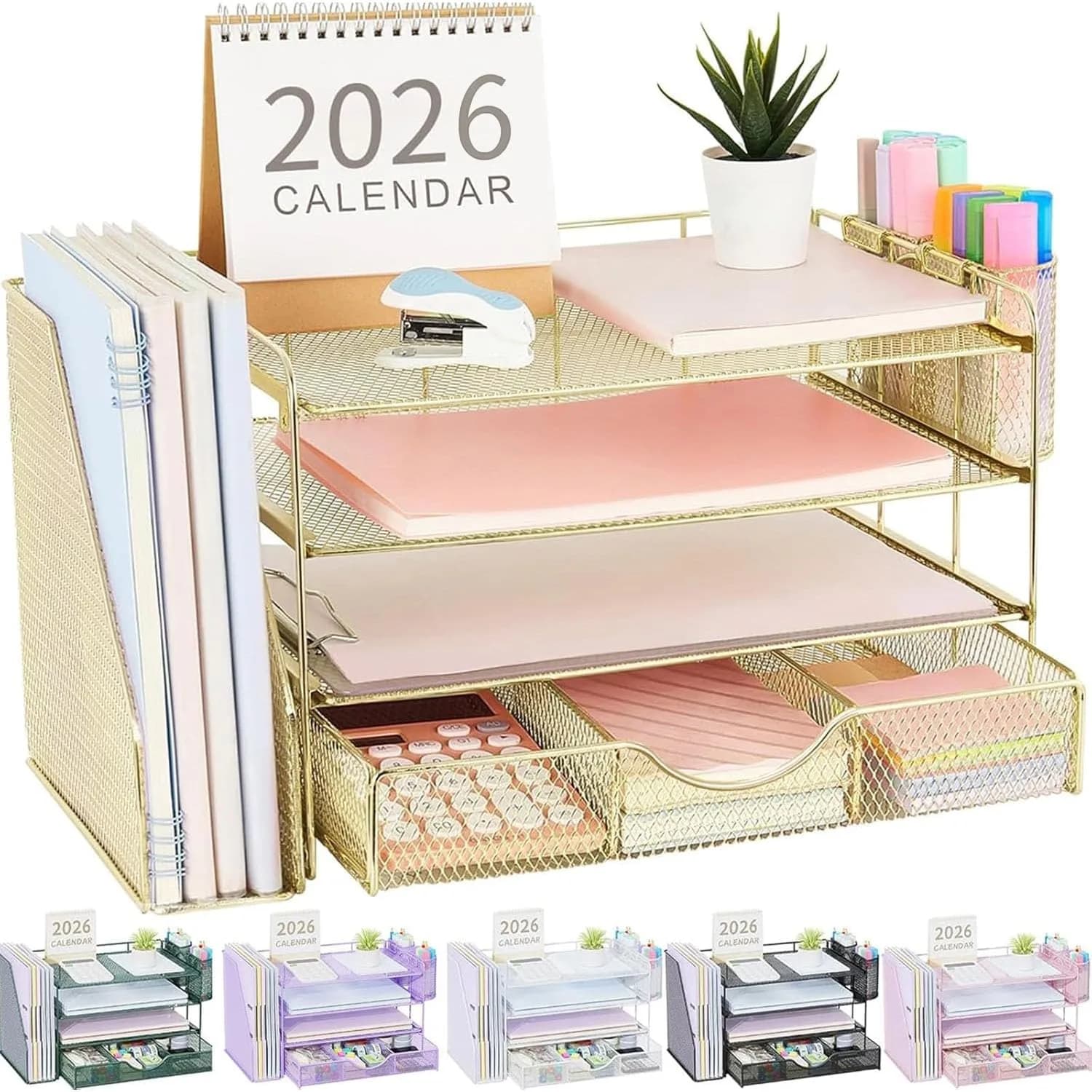 gianotter 4-Tier Desk Organizer with Drawers & File Holders - Gold | Workspace Accessories for Office Supplies - main product image