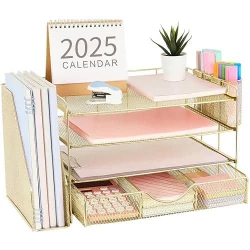 gianotter 4-Tier Desk Organizer with Drawers & File Holders, Workspace Accessories for Office Supplies (Green) — Gold