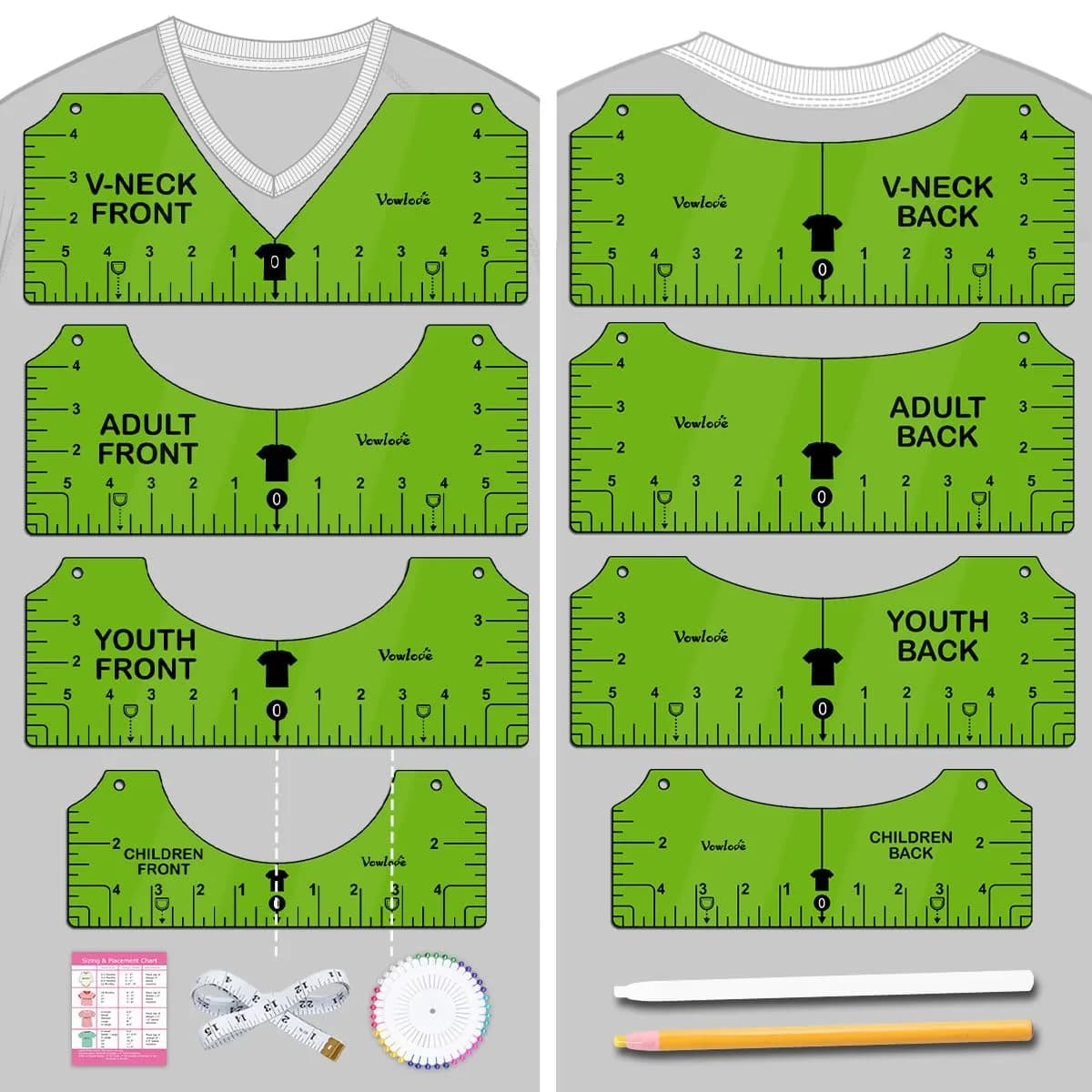 Vowlove T-Shirt Placement Guide for Cricut Heat Press and Vinyl Transfers | Reusable PVC Ruler for Shirt Making — 02 Green