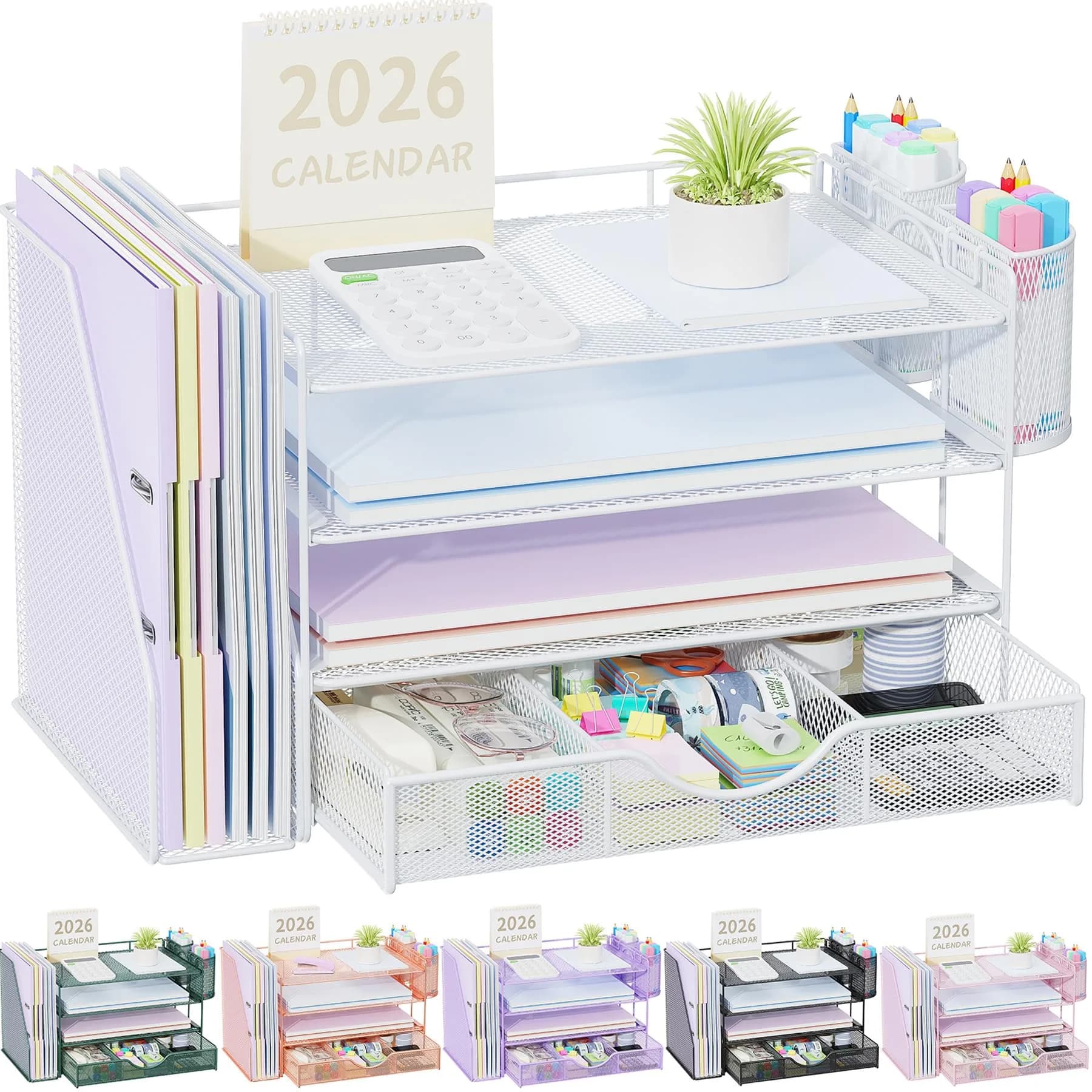 gianotter 4-Tier Desk Organizer with Drawers & File Holders, Workspace Accessories for Office Supplies (Green) — White