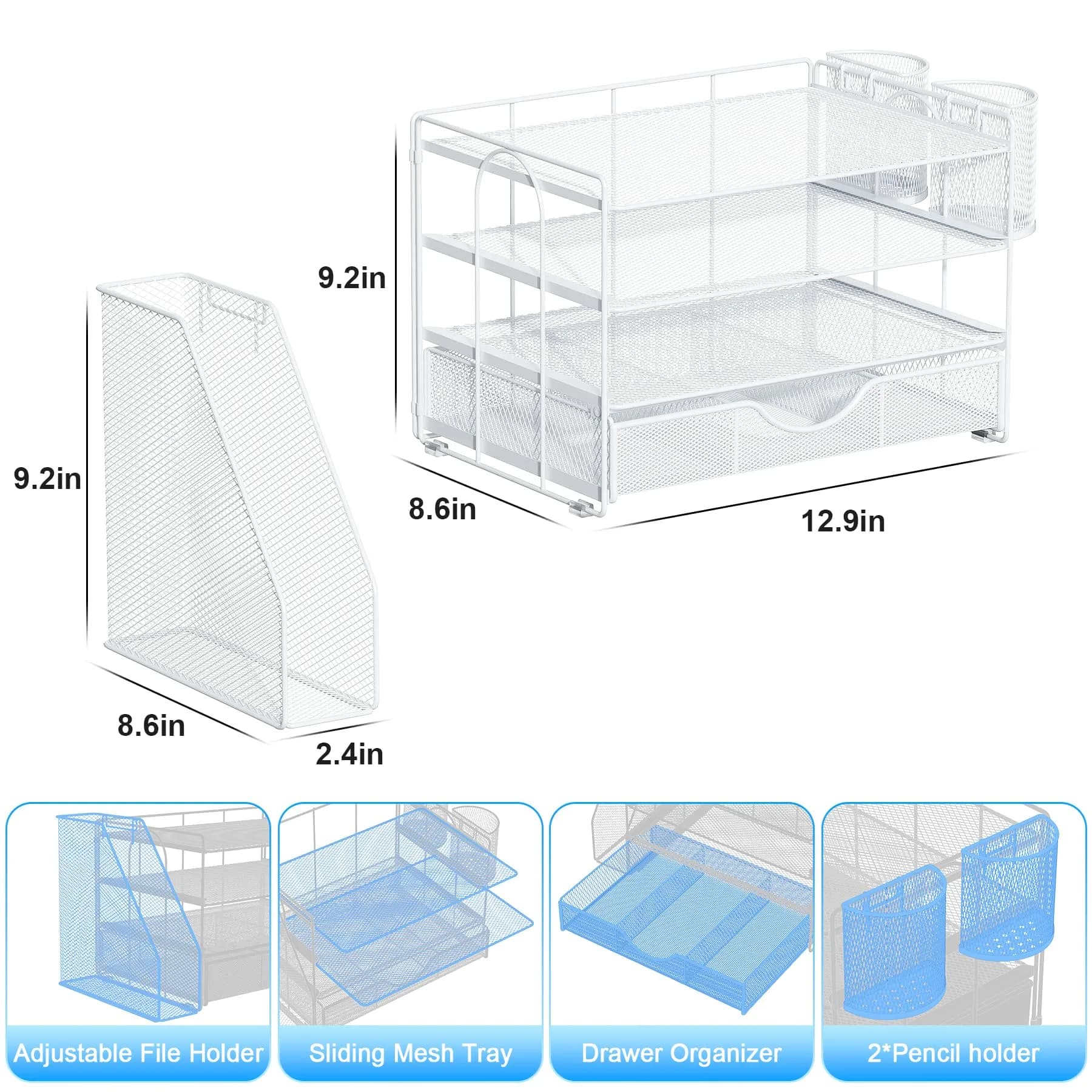 gianotter 4-Tier Desk Organizer with Drawer & File Holder, White | Modern Metal Mesh Workspace Organizer - view 5