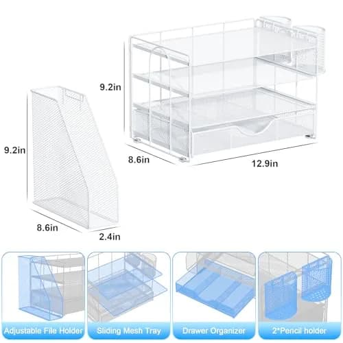 gianotter 4-Tier Desk Organizer with Drawer & File Holder, White | Modern Metal Mesh Workspace Organizer thumbnail 5