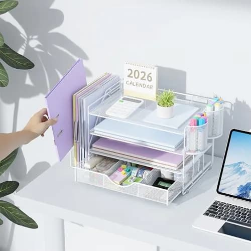 gianotter 4-Tier Desk Organizer with Drawer & File Holder, White | Modern Metal Mesh Workspace Organizer thumbnail 6