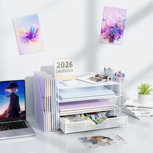 gianotter 4-Tier Desk Organizer with Drawer & File Holder, White | Modern Metal Mesh Workspace Organizer thumbnail 7