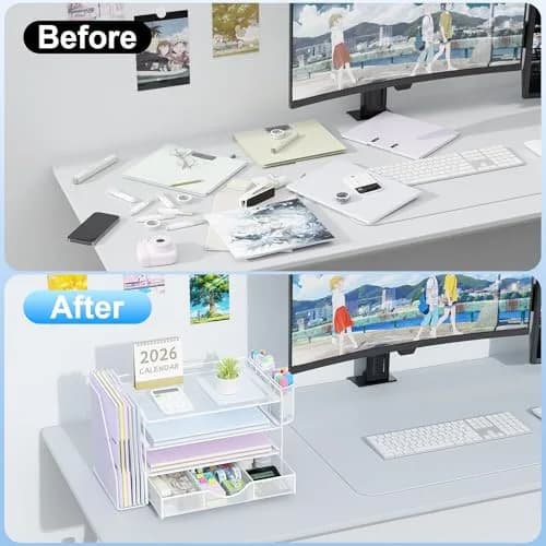 gianotter 4-Tier Desk Organizer with Drawer & File Holder, White | Modern Metal Mesh Workspace Organizer thumbnail 2