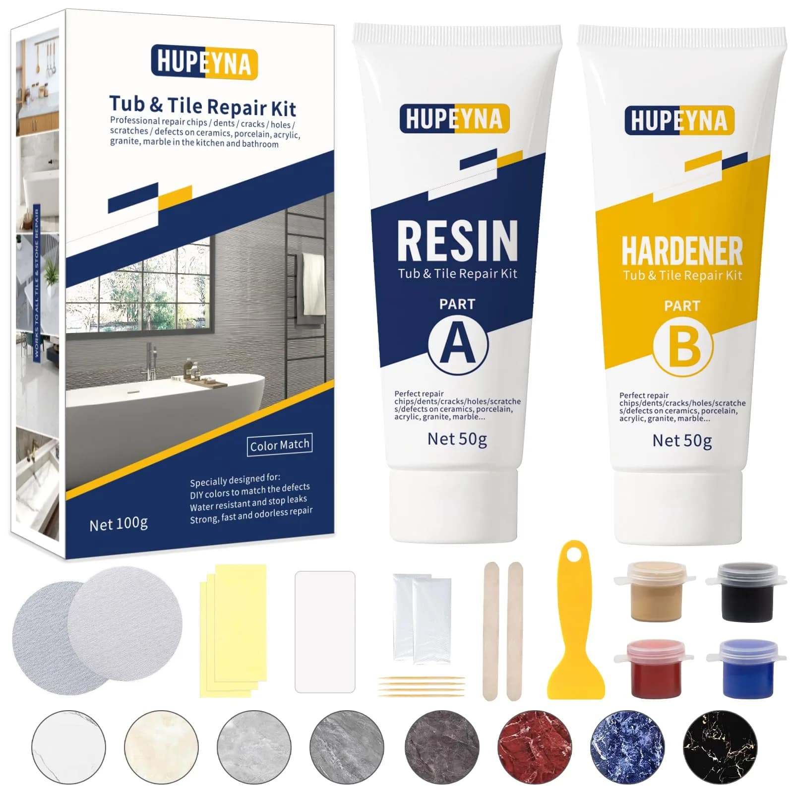 Hupeyna Tub, Tile & Shower Repair Kit (Color Match) | Porcelain & Fiberglass Restoration (100-120c) — More Color