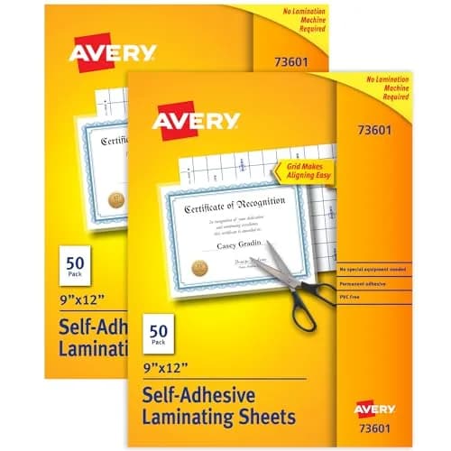 Avery Clear Laminating Sheets 9" x 12" Permanent Self-Adhesive 100 Sheets (2-Pack) | Acid-Free Archival Quality thumbnail 1