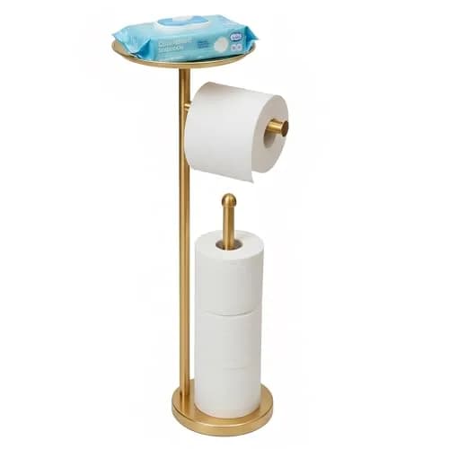 Sfemn Freestanding Toilet Paper Holder with Shelf, Gold Finish | 26-inch Tall, Extra 4 Rolls Storage thumbnail 1