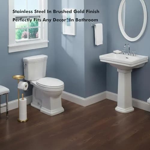 Sfemn Freestanding Toilet Paper Holder with Shelf, Gold Finish | 26-inch Tall, Extra 4 Rolls Storage thumbnail 7