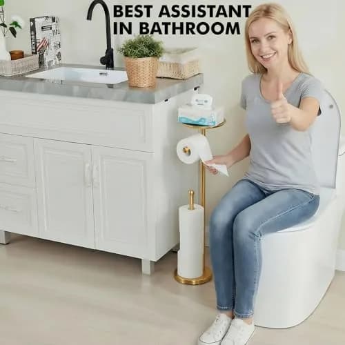 Sfemn Freestanding Toilet Paper Holder with Shelf, Gold Finish | 26-inch Tall, Extra 4 Rolls Storage thumbnail 8