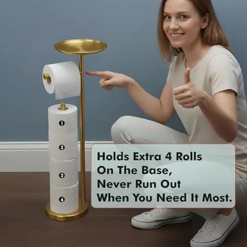 Sfemn Freestanding Toilet Paper Holder with Shelf, Gold Finish | 26-inch Tall, Extra 4 Rolls Storage thumbnail 4