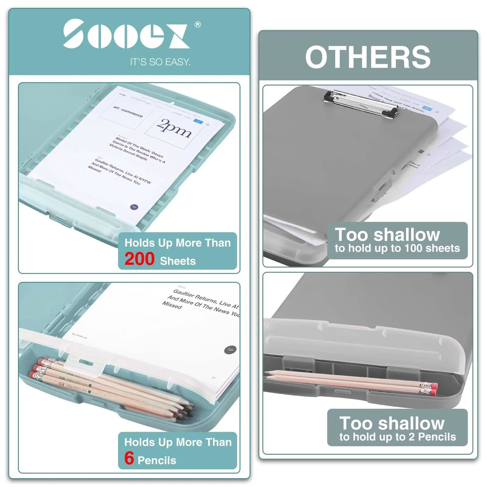 Sooez High Capacity Storage Clipboard 8.5x11 with Pen Holder | Durable Polypropylene for Students & Professionals - view 3