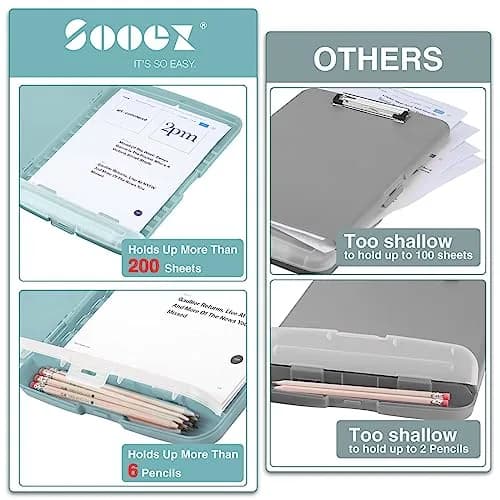 Sooez High Capacity Storage Clipboard 8.5x11 with Pen Holder | Durable Polypropylene for Students & Professionals thumbnail 3