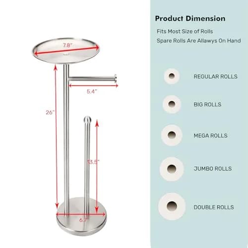 Sfemn Freestanding Toilet Paper Holder with Shelf, Brushed Nickel | 26-inch Tall, Extra 4 Rolls Storage thumbnail 9