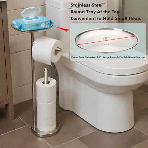 Sfemn Freestanding Toilet Paper Holder with Shelf, Brushed Nickel | 26-inch Tall, Extra 4 Rolls Storage thumbnail 2