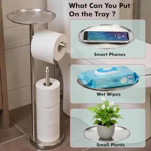 Sfemn Freestanding Toilet Paper Holder with Shelf, Brushed Nickel | 26-inch Tall, Extra 4 Rolls Storage thumbnail 3