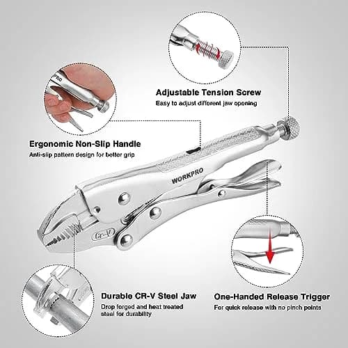 WORKPRO 7-inch Curved Jaw Locking Pliers with Wire Cutter | Heat-Treated Chrome Vanadium Steel thumbnail 3