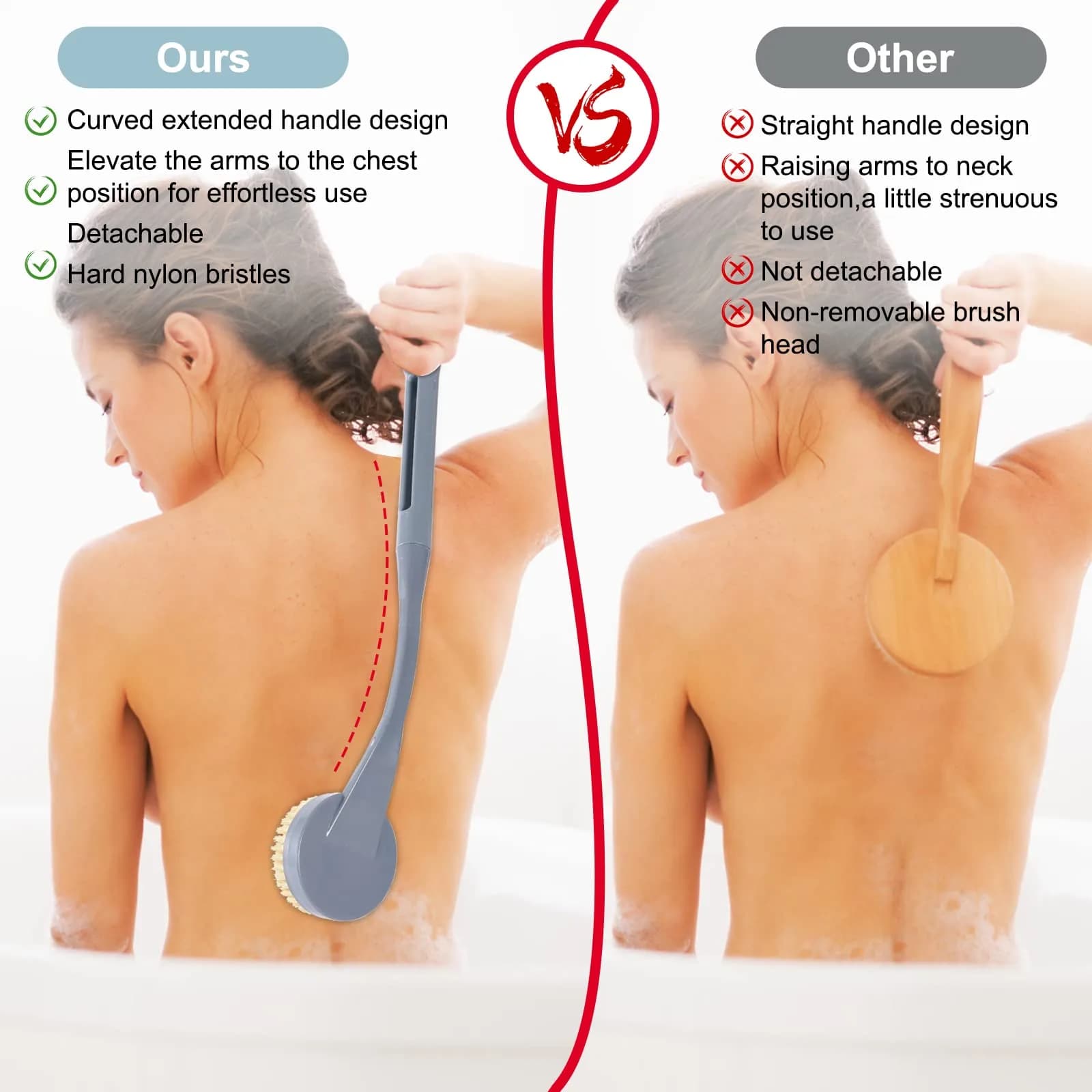 BTideas Long Handle Back Brush 52 cm (20.5") | Natural Stiff Bristles for Exfoliation & Improved Skin Health - view 6